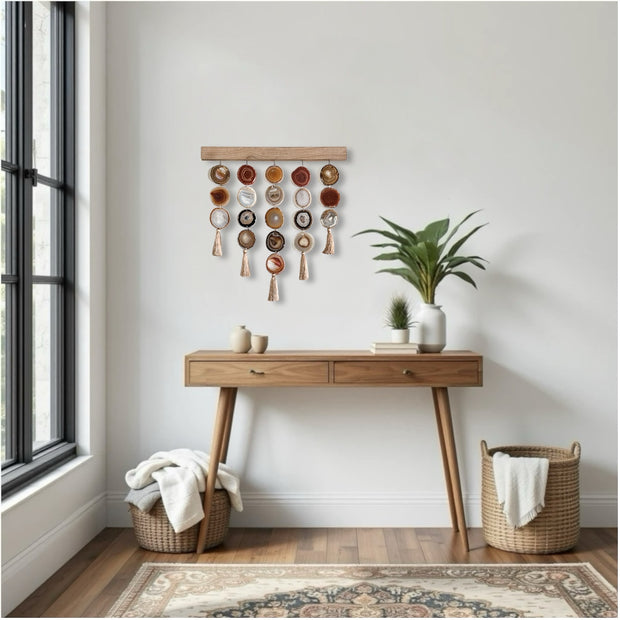 a wooden table with a potted plant on top of it