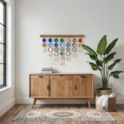 a room with a wooden cabinet and a potted plant