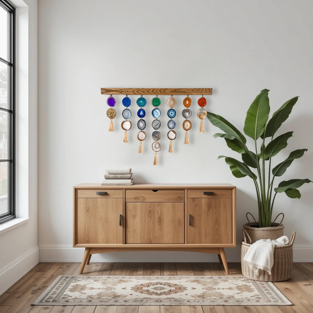 a room with a wooden cabinet and a potted plant