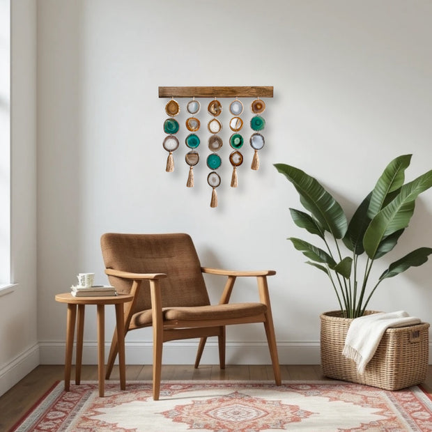 a living room with a chair and a potted plant