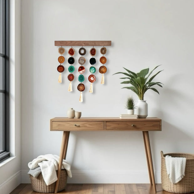 a wooden table with a plant on top of it