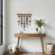 a wooden table with a potted plant on top of it