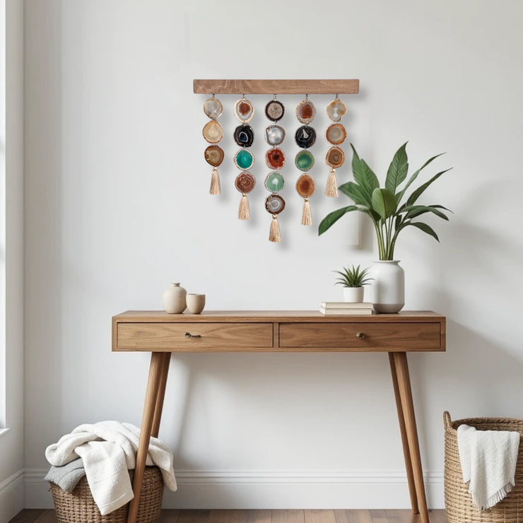 a wooden table with a potted plant on top of it