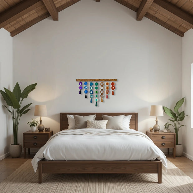 a bedroom with a bed, two nightstands and a painting on the wall