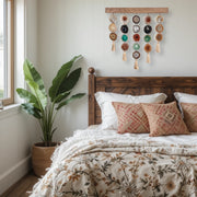 a bed with a wooden headboard and pillows