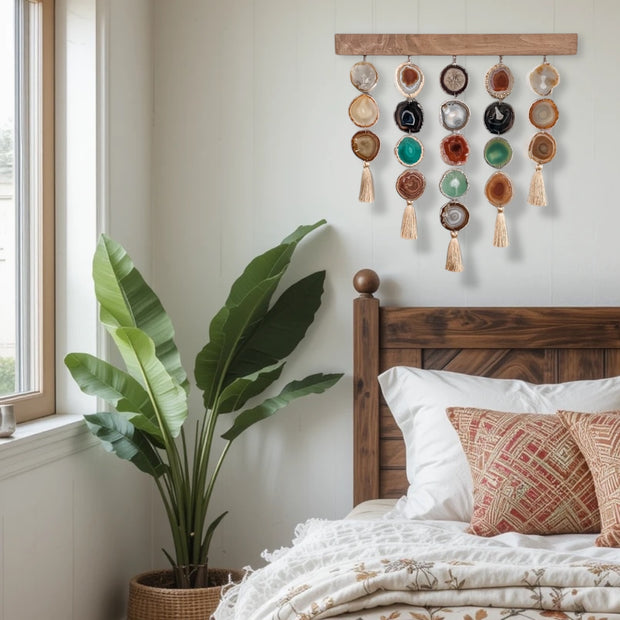 a bed with a wooden headboard and a potted plant