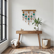 a wooden table with a potted plant on top of it