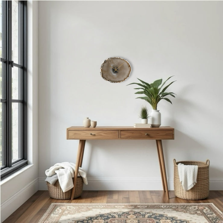 a wooden table with a plant on top of it