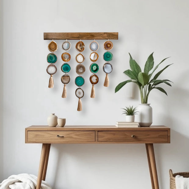 a wooden table topped with a plant and a wooden shelf