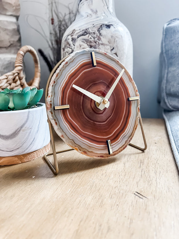 Amber Agate Desk Clock – Handcrafted Artisan Timepiece (Choose Slice)