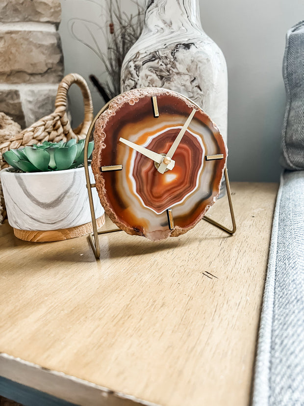 Amber Agate Desk Clock – Handcrafted Artisan Timepiece (Choose Slice)