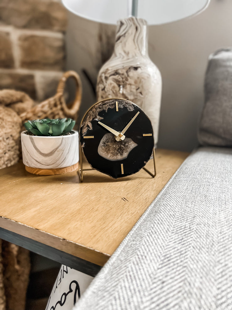 Brown/Black Agate Desk Clock – Handcrafted Artisan Timepiece (Choose Slice)