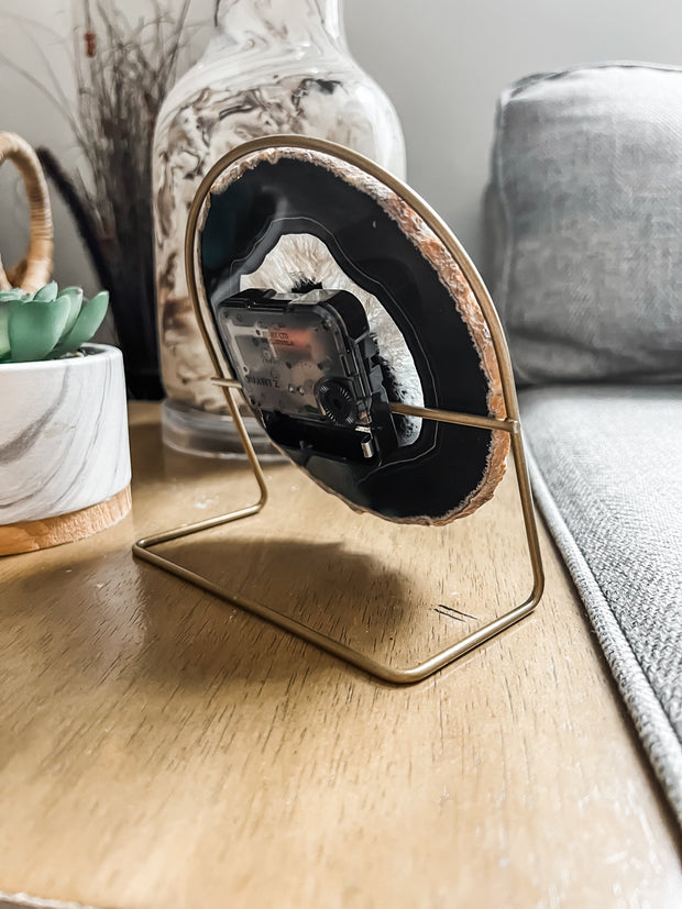 Brown/Black Agate Desk Clock – Handcrafted Artisan Timepiece (Choose Slice)