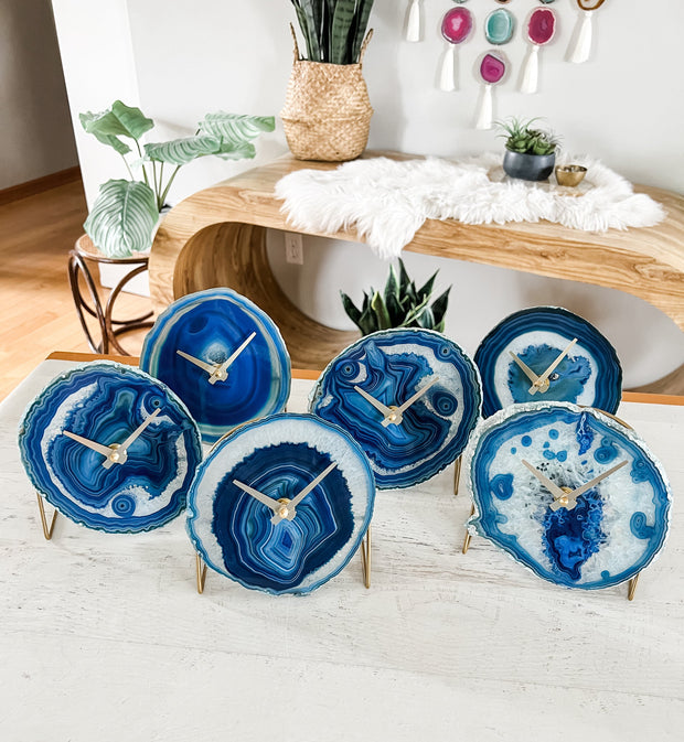 Blue Agate Desk Clock – Handcrafted Artisan Timepiece (Choose Slice)