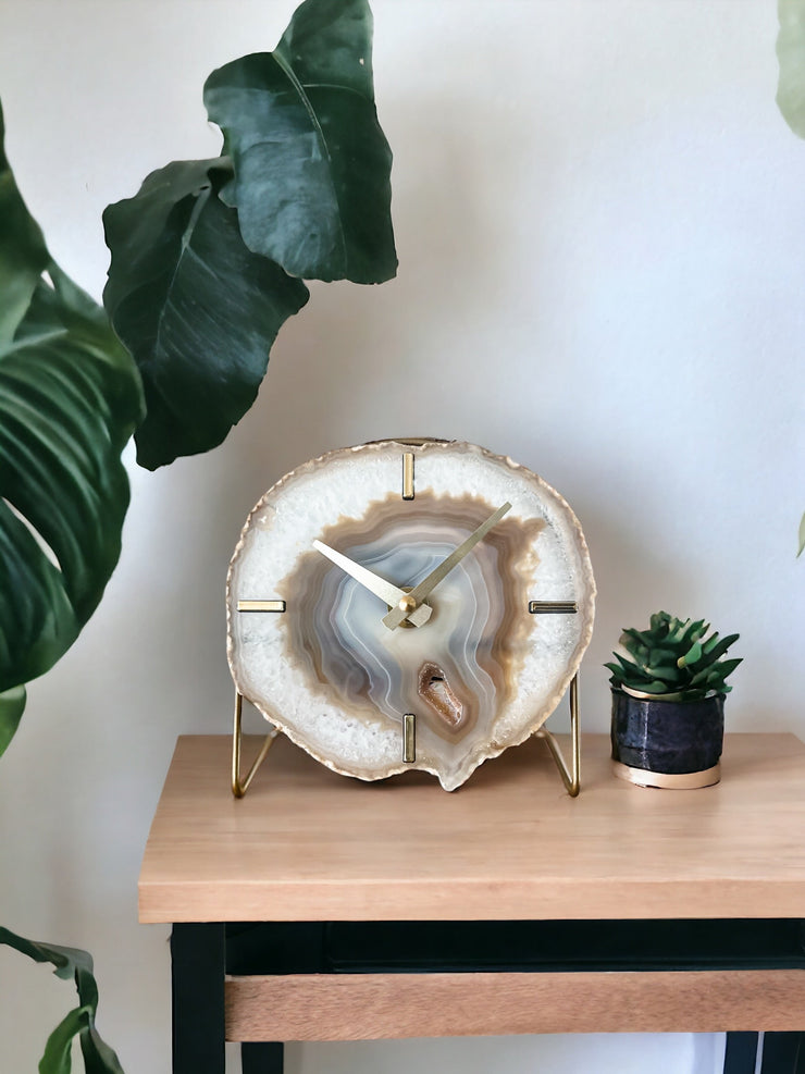 Natural Agate Desk Clock – Handcrafted Artisan Timepiece (Choose Slice)