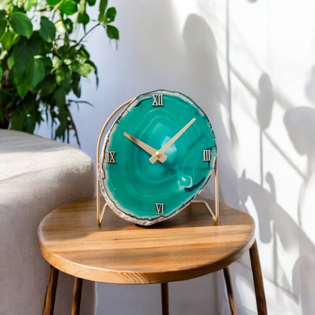 Green Agate Desk Clock – Handcrafted Artisan Timepiece (Choose Slice)