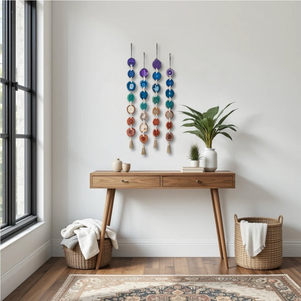 Chakra Harmony Agate Garland – Handmade Boho Wall Hanging with chakra-colored agate slices.