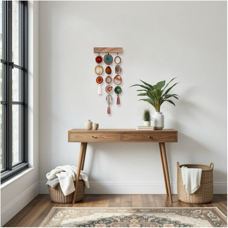 a wooden table with a potted plant on top of it