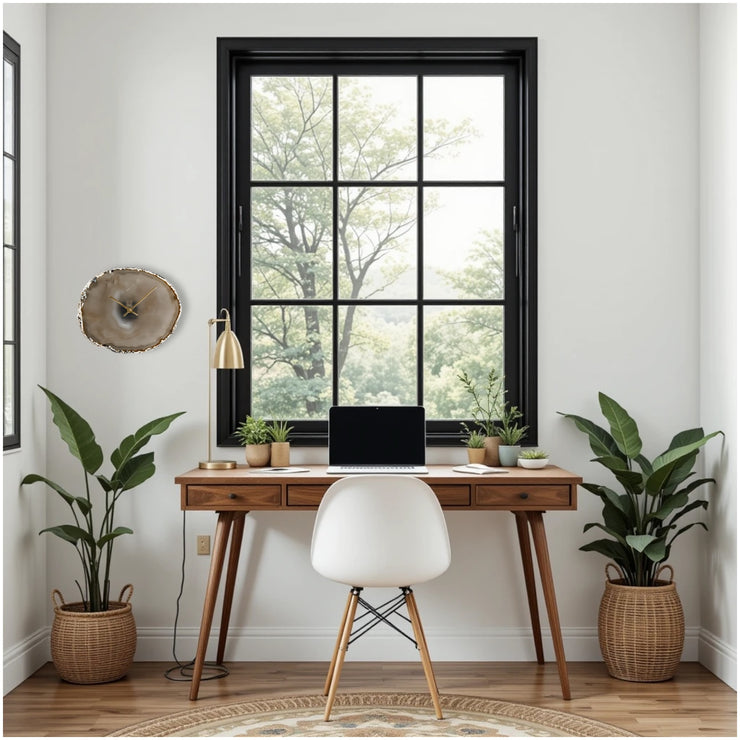 a desk with a laptop on it in front of a window