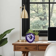 a desk with a laptop and a plant in front of a window