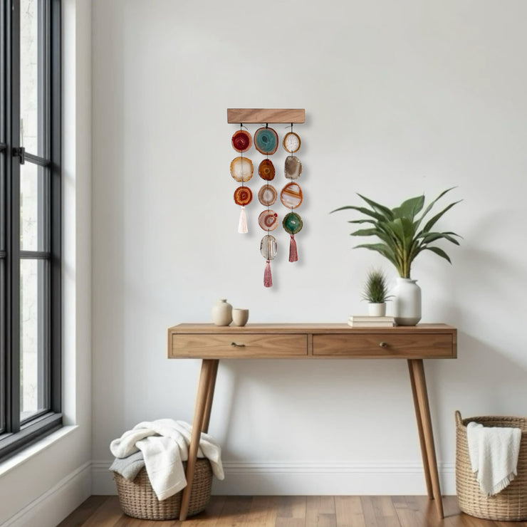 a wooden table with a potted plant on top of it