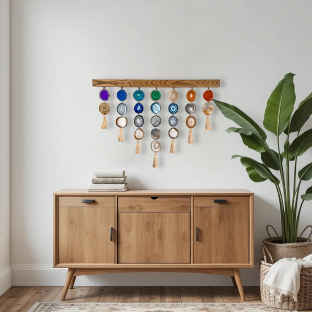 a wooden sideboard with a potted plant on top of it