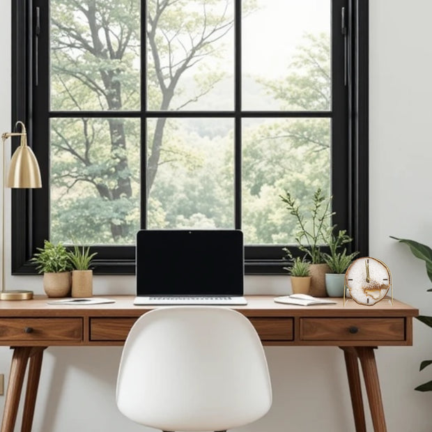 a desk with a laptop and some plants in front of a window