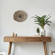 a wooden table topped with a plant and a clock